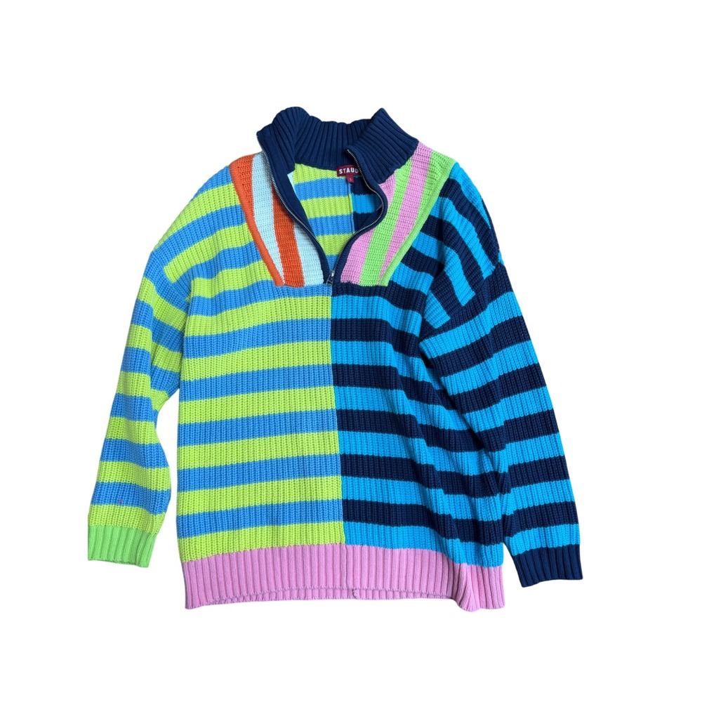 STAUD Hampton Half Zip Striped Colorblock Sweater Blue Lime Pinkβ Women Small